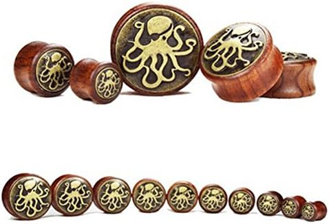 Pair of Wooden Gauges Plugs with Metal Octopus Front Body Piercing Jewelry (12mm 1/2'')
