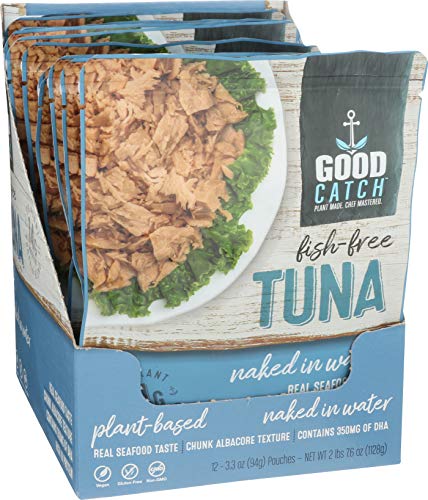GOOD CATCH Fish Free Tuna, Naked in Water, 3.3 oz. Pouch (Pack Of 12) | Gluten Free Vegan Protein | Plant Based Protein with Omega 3 DHA | Free from Eggs, Animal & Fish Products | Dairy Free | Non GMO