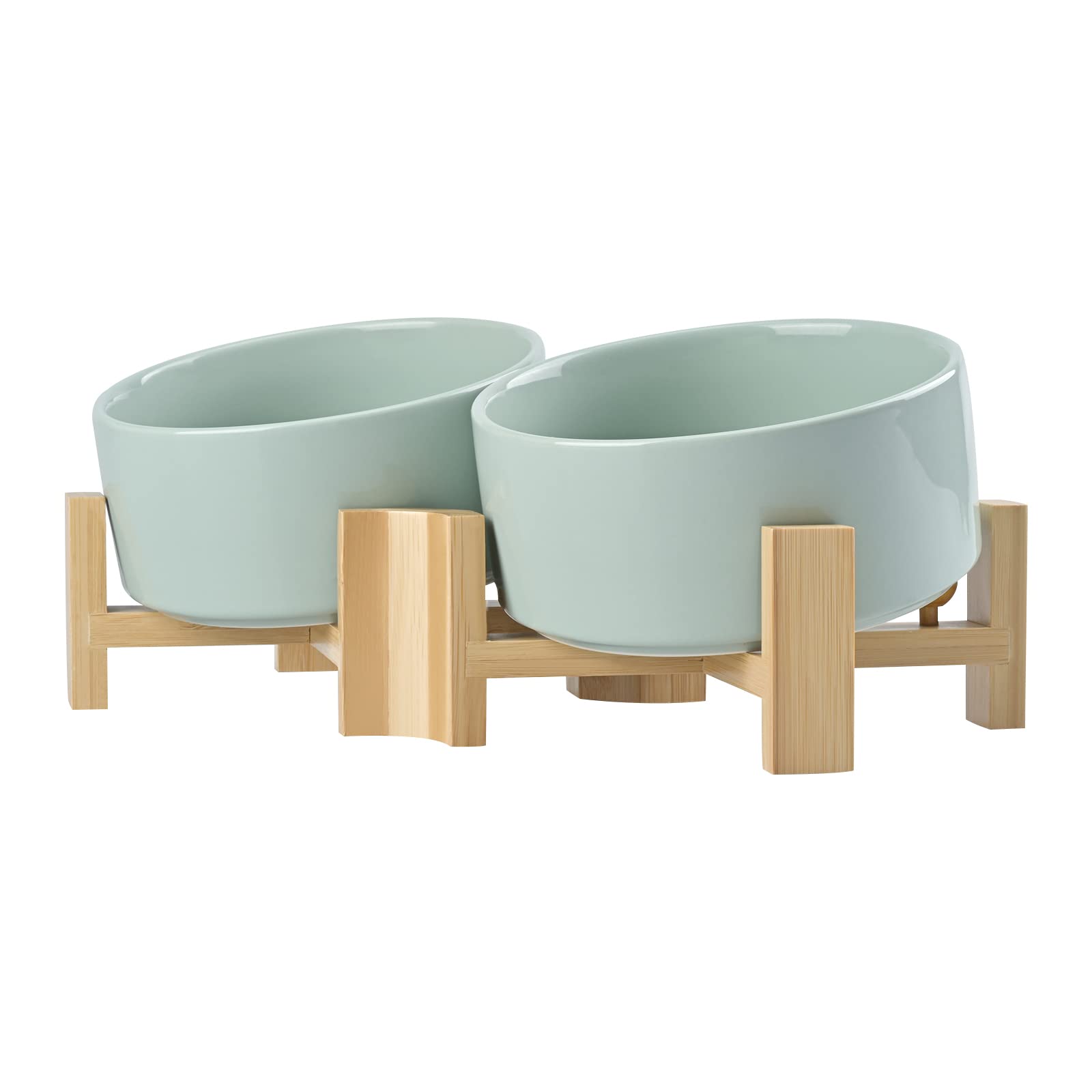 Photo 1 of SPUNKYJUNKY 15° Slanted Ceramic Dog and Cat Bowl with Wooden Stand, Tilted Bulldog Food and Water Bowl No Slip Non-Spill for Cats Medium Dogs Big Face Pets 28.7 OZ (3.6 Cups, Morandi Green × 2)