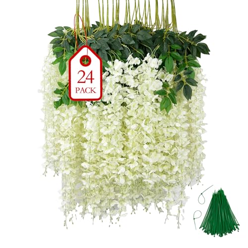 BIRDDIE 24 Pcs Artificial Plants Decorative, Artificial Flowers Decoration, Artificial Wisteries, Hanging Garland for Background, Wedding, Garden and Home Wall Decoration (White)