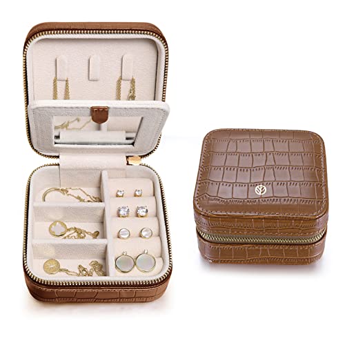 S.Leaf Travel Jewelry Organizer Boxes for Women Small Portable Necklace Earrings Bracelet Rings Travel Case Best Friend Birthday Gifts for Women Trendy (12_Pattern_Crocodile_Brown_01)