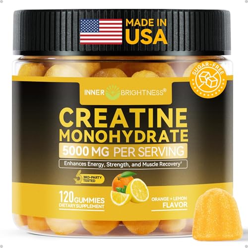 Inner Brightness Creatine Monohydrate Gummies for Men & Women 5000 mg, 3rd Party Tested, Creatine Chews for Muscle Growth, Strength & Energy Support, Sugar Free, Vegan, 120 Count