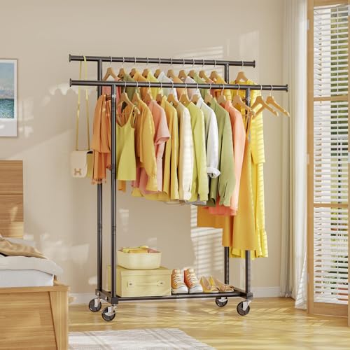 HYSEYY Double Rods Clothing Rack, Rolling Clothes Rack, Metal Garment Rack with 4 Lockable Wheels & Storage Shelf, Sturdy Coat Rack for Bedroom, Laundry, Living Room - 160H x 113W x 42D cm (Black)