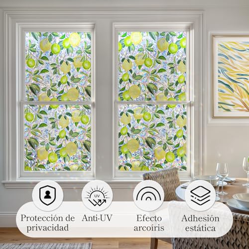 Qualsen Rainbow Effect Window Vinyl Stickers for Glass Electrostatic Lemon Tree Pattern Decorative Non-Adhesive Vinyl Anti UV Privacy Film Home Window 30 x 100 cm