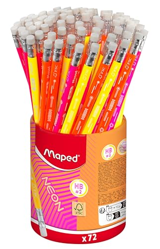 Maped - 72 Graphite Pencils HB2 NEON - FSC HB Pencils - Eraser Tip - Ergonomic Triangular Shape - Durable Lead