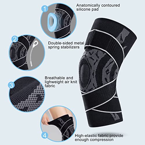 HUNTIAL Knee Brace for knee pain with 2 PACK,Adjustable Compression Patella Tendon Support Brace with Gel Pads & Side Stabilizers for women,Medical Grade Knee Pads for Running,ACL,Joint Pain Relief(Large,2 PACK)