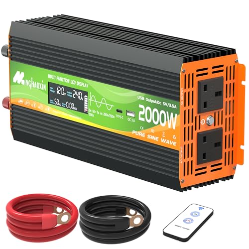 2000W Pure Sine Wave Inverter 12v To 240v Car Inverter 4000W Peak With 2 Uk Sockets, 30W USB-C, 5V 3.1A USB, LCD Display And Remote Controller For Motorhomes,Camping, Household Use And Vans