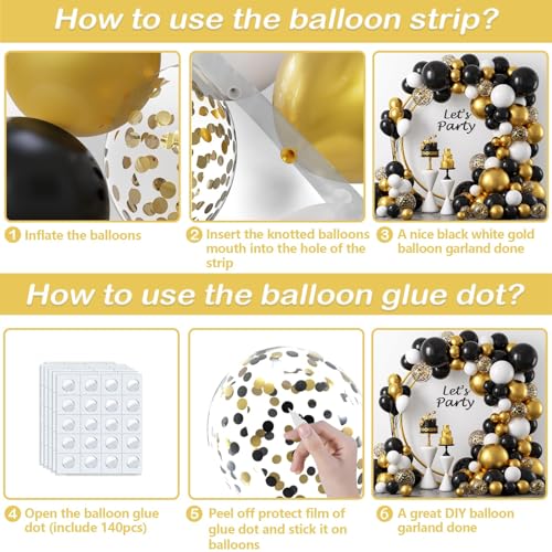 Black and Gold Balloon Arch Garland Kit, 124pcs Including Black, White, Gold, and Black Confetti Balloons, Ideal for New Year’s Eve Party, Graduation, Birthday, Wedding, Baby Shower Decorations