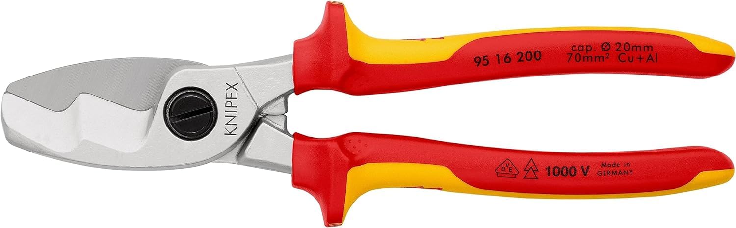 KNIPEX Cable Shears with Twin Cutting Edge Self-Service Card Chrome-Plated Insulated with Multi-Component Grips, VDE-Tested 200 mm, 95 16 200 SB