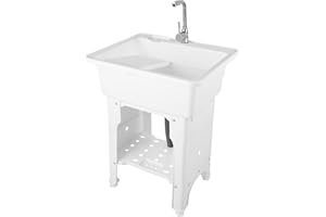 YUNLAIGOTOP Freestanding Plastic Laundry Sink with Water Faucet, Indoor Outdoor Utility Sink with Washboard, Utility Sink Laundry Tub for Laundry Room/Garage/Garden (25.59x21.65x31.5 Inch)