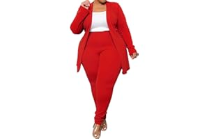 IYMOO Women's Plus SizeTwo Piece Open Front Long Sleeve Blazer and Elastic Waist Solid Pant Set Suit