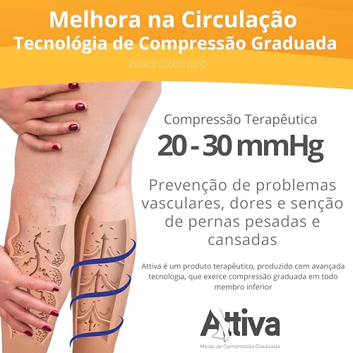 Meia de Compressão Feminina 3/4 Panturrilha Alta 20-30 mmHg ATTIVA Sem Ponteira Natural - Alívio Pernas Cansadas, Prevenção Varizes e Trombose, Conforto Dia a Dia e Viagens, Meia Elástica