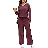 Simlakey Women's 2 Piece Casual Lounge Sets Fall Travel Outfits V Neck Side Slit Tracksuit Wide Leg Loungewear Sweatsuit