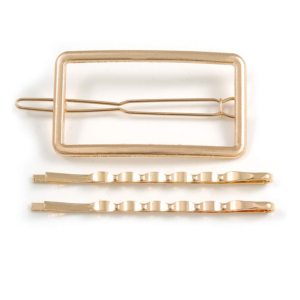 Set Of Twisted Hair Slides and Open Square Hair Slide/Grip In Gold Tone Metal