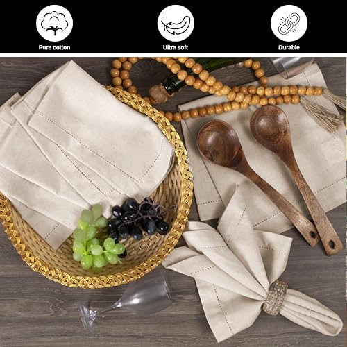 BEDDING CRAFT Set of 12 Linen Flax Cotton Cloth Dinner Napkin with Hemstitched 20x20 Natural, Mitered Corners -Perfect for Wedding, Dinner, Parties and Table Decorations