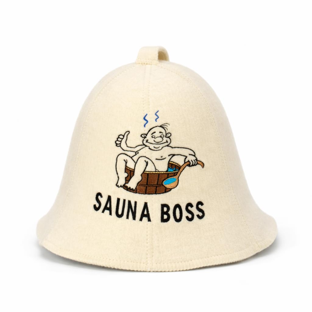 Natural Textile Sauna Boss Bucket Hat - White - 100% Organic Wool - Protects Head from Heat - English Sauna eBook Guide Included