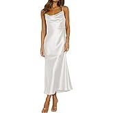 Summer Satin Spaghetti Strap Cowl Neck Backless Midi Dresses for Women Elegant Tie Low Back Ruched Cocktail Dress