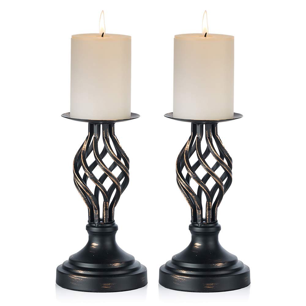 Nuptio Black Pillar Candle Holders: Vintage Candle Stands for Pillar Candles, Metal Candlestick Holder Christmas Easter Home Decor Living Room Mantel Party Wedding Table Centrepiece, 2 Pieces(22cm)