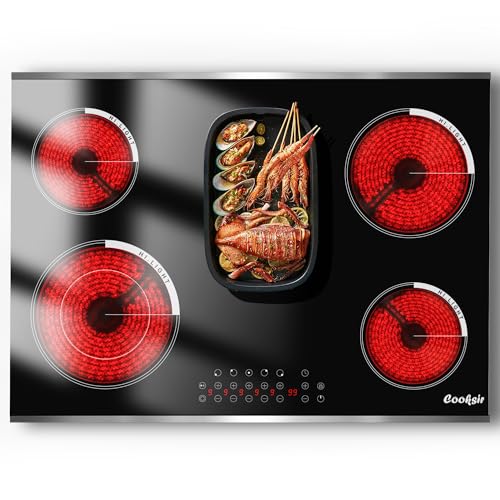 Cooksir Ceramic Hob 5 Burners with Frame, Built-in Electric Hob, 77 cm, Infrared Heat, 8400 Watt, Oval Zone for Grill, Ceramic Glass, Timer, 230V, 50Hz Built-in