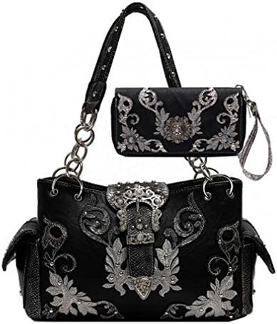 Western Belt Collection Purse and Wallet Set, Concealed Gun Handbag (Black/Silver)