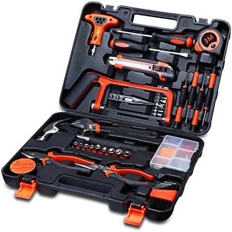 Carrolner 82pcs General Household-hardware Tool Kit with Plastic Toolbox Storage Case,Screwdriver,Wrench,Claw Hammer,Pliers,Tape