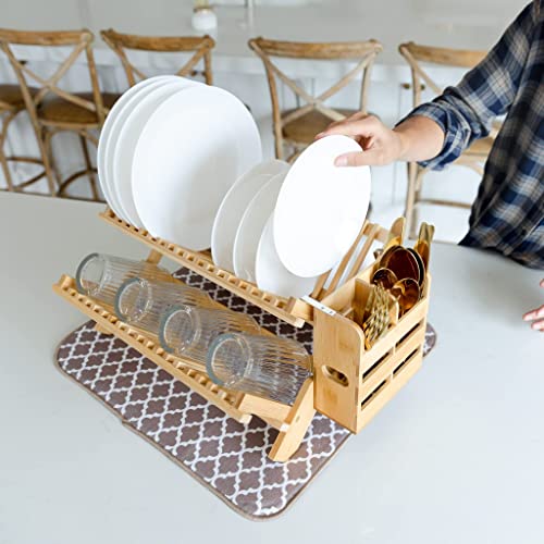 Allin1 Bamboo Dish Drying Rack Set with Utensil Holder and Microfiber
