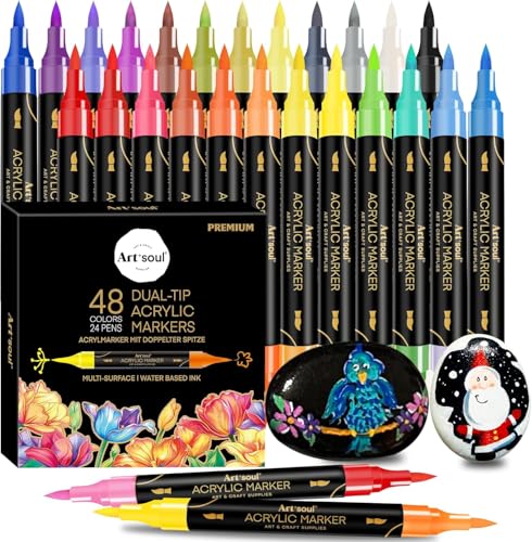 Art+soul 48 Colors Acrylic Pens, 24 Pack Dual Tip Acrylic Markers for Rock Painting, Wood, Stone, Canvas, Ceramic, Glass Surfaces, DIY Crafting & Art Supplies