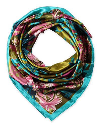 Large Square Satin Silk Like Lightweight Scarfs Hair Sleeping Wraps for Women Pink Turquoise Camellia Floral Flower Pattern
