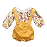 Baby Girls Long Sleeve Princess Floral Romper+ Suspenders Short Pants Overall Jumpsuit Outfit (0-6 Months, Yellow)