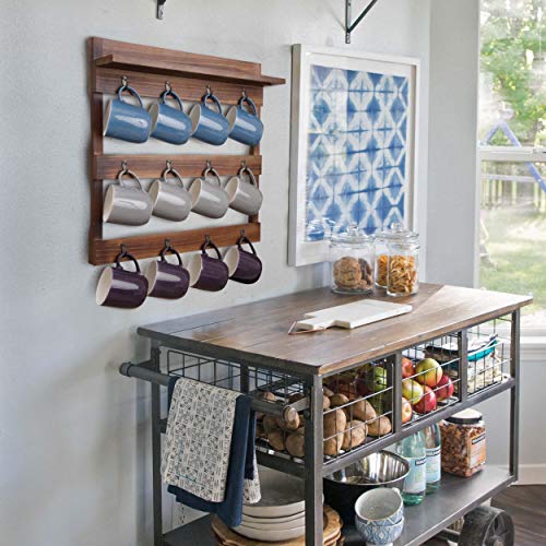 Rustic Mug Rack Wall Mounted with Shelf 12 Coffee Cup Hangers Built