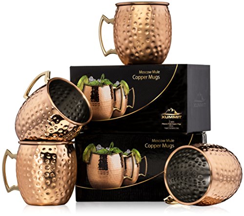Click Here to See More Images Xummit Stunning Hammered Moscow Mule Copper Mug / Cup with Golden-Hued Handle – 18 Oz (Set of 4)