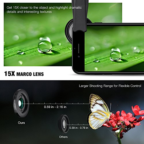 Tycka Portable Phone Camera Lens kit, 110° 0.6X Wide Angle Lens, 15X Marco Lens, Portable case and Microfiber Cleaning Cloth for iPhone Samsung Sony and More - Thumbnail 2