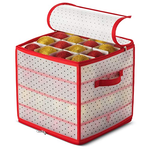 Plastic Christmas Ornament Storage Box with 2 Sided Dual Zipper Closure - Keeps 64 Holiday Ornaments, Xmas Decorations Accessories, 3" Cube Compartments - Sturdy Flexible Plastic