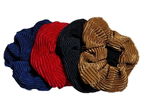 Satin Scrunchie Set, Set of 4 Pleated Satin Scrunchies in Assorted Solids (Dark Assortment)