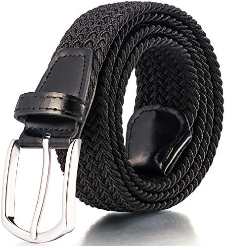 RANCHEZZ Men's Stretch Braided Belts, Woven Elastic Belt with Black/Silver Metal Buckle and Leather Tipped End