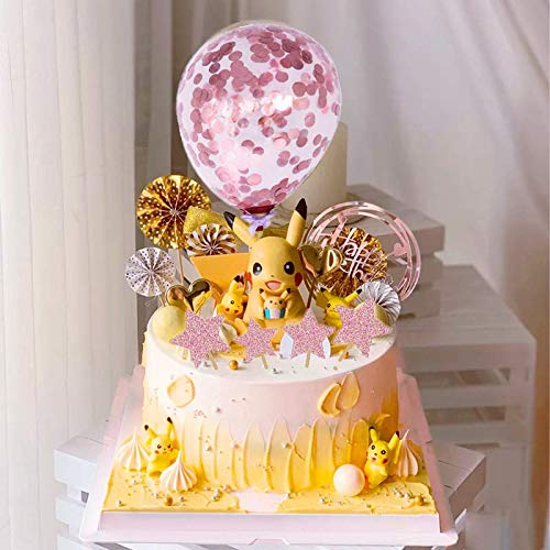 12 Pack Rose Gold Happy Birthday Cake Topper Set, 1 Acrylic Cake Topper, 1 Confetti Balloon, 4 Glitter Paper Fans, 6 Glitter Stars, Calligraphy Bling Cake Decoration Sign Party Banner