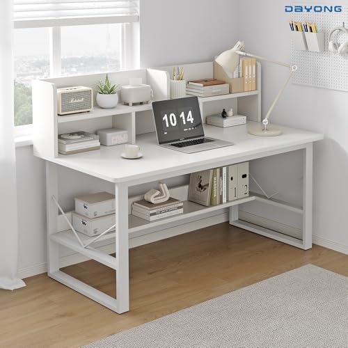 DAYONG Modern Minimalist Study Desk with Bookshelf, 100CM Computer Table with Multi-Level Storage, PC Gaming Workstation Home Office Writing Desks (White-100cm)