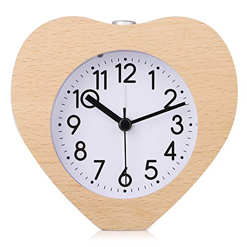 Night Light Alarm Clock, Silent Alarm Clock with Snooze & Gentle Wake, Battery Operated Wooden Heart Clock Decorative for Bedroom, Den, Office - Burlywood, 4 Inch