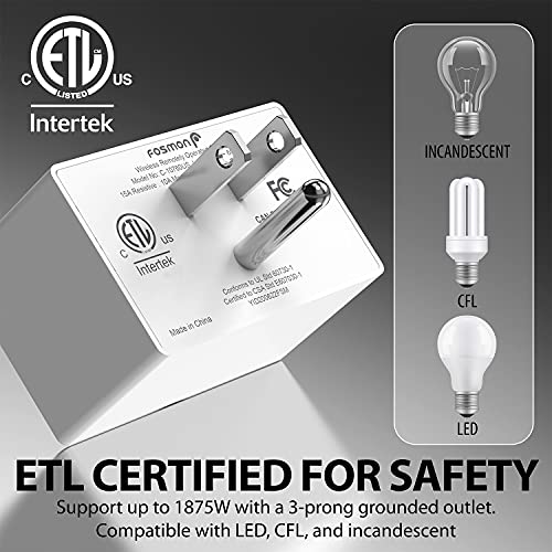 Fosmon Wireless Remote Control Electrical Outlet Switch- ETL Listed, (15A, 125V 1875W) Wireless Outlet Plug with Wall Switch & Braille (On/Off) Mark for Lights, Household Appliances, Expandable