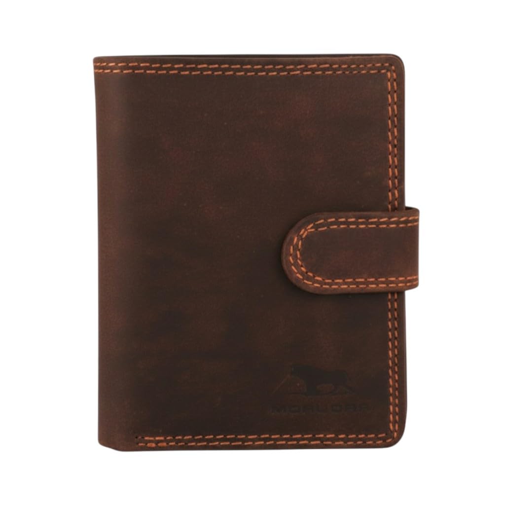 MORUCHA Men’s Distressed Hunter Leather RFID Blocking Wallet – Genuine Oiled Leather Bifold with 7 Card Slots, 2 ID Windows, Coin Pocket, Hidden Zip Compartment & Gift Box – M105 Dark Brown