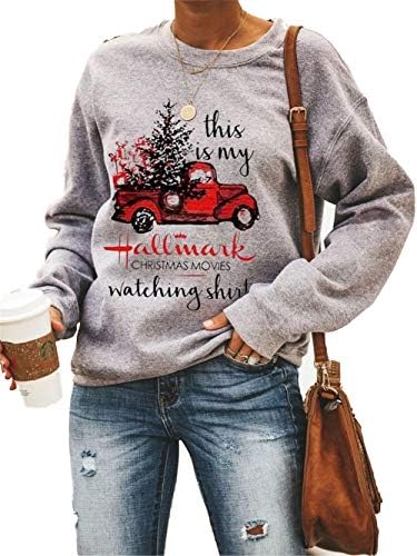 Women's This is My Hallmark Christmas Movie Watching Sweatshirts Christmas Tree Print Long Sleeve Loose Tops Shirt (Car, L)