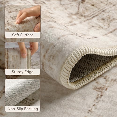 PADOOR 5×7 Area Rug for Living Room, Machine Washable Soft Large Bedroom Rug, Non-Slip Durable Low Pile Vintage Rug, Easy Clean Indoor Carpet for Hall, Kitchen, Dorm, Nursery, Office in Beige