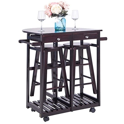 Breakfast Cart With 2 Stools,JULYFOX Drop Leaf Kitchen Island With Seating Chairs Wheels Storage Drawers Tower Rack Counter Height Tall Pub Bar Table Set 3 Piece Espresso For Small Spaces