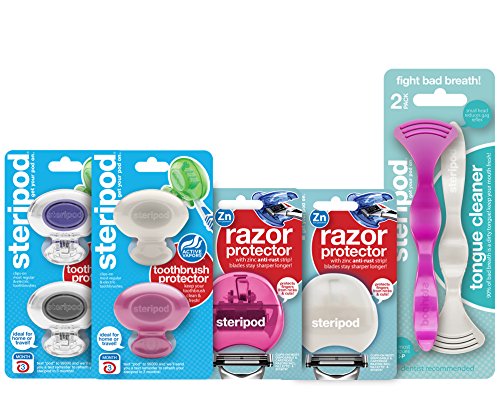 Steripod Kit For Women: 4 Clip-On Toothbrush Protectors (Rose Gold, Pearl, Clear Silver, Clear Purple), 2 Razor Covers (Pink & Pearl), 2 Tongue Cleaners (Pink & Pearl)