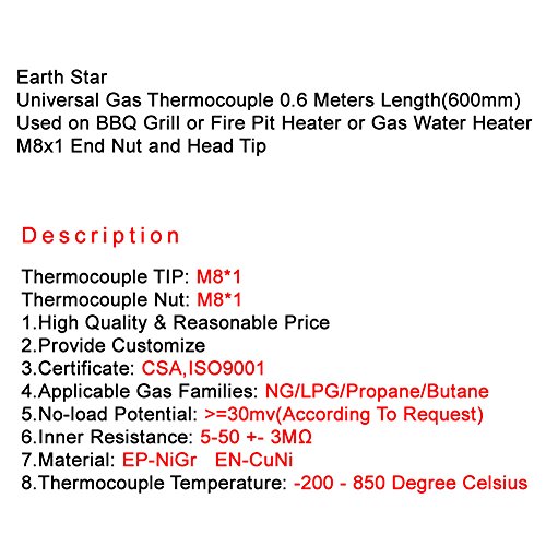 Earth Star Universal Gas Thermocouple 0.6 Meters Length Used on BBQ Grill or Fire Pit Heater or Gas Water Heater M8x1 End Nut and Head Tip