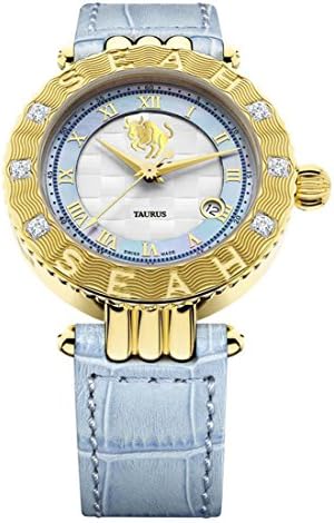 Seah Empyrean Zodiac sign Taurus, 42mm, Limited Edition 18K Yellow Gold, Swiss Made Automatic, Luxury Diamond watch with Blue Hirsch Alligator Leather Band.
