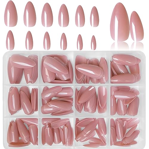 LoveOurHome 240pc Nude Almond Press on Nails Medium Fake Nails Nude Glue on Nails Short Stiletto Nails Press ons Full Cover Artificial Nail Tips Women Girls False Fingernail with Glue Adhesive Tabs