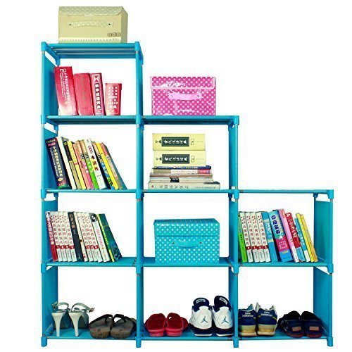Meflying 4 Tier Bookcase Adjustable Bookshelf with 9-Cube Bookcase Storage DIY Cabinet Waterproof Non-Woven For Home Furniture Kids Study(US STOCK) (Blue)