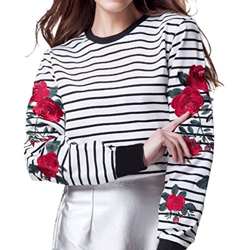 Focal20 Women Sleeve Rose Embroidered Striped Blouse Long Latern Sleeve Shirt Casual Loose Tops Long Sleeve T-Shirt