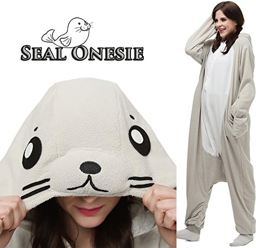 Unisex Adult Animal Onesie Kigurumi Pajamas Cosplay Costumes or Loungwear (S, White Seal)